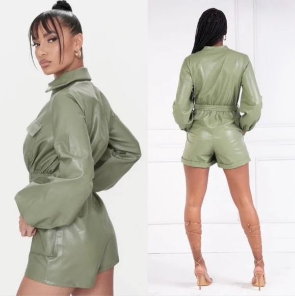 7 For All Man Kind x Revolve Collab Faux Leather Sage Green Romper Size Medium - Picture 8 of 11